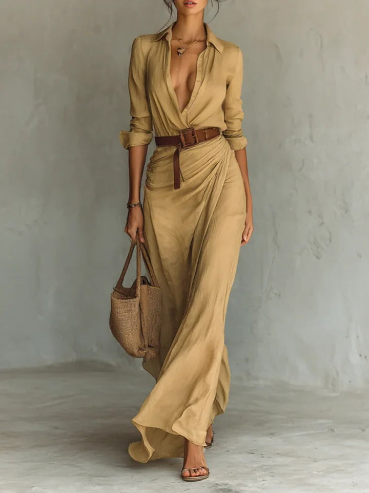 Kiara - Long Sleeve Lapel Collar Maxi Dress