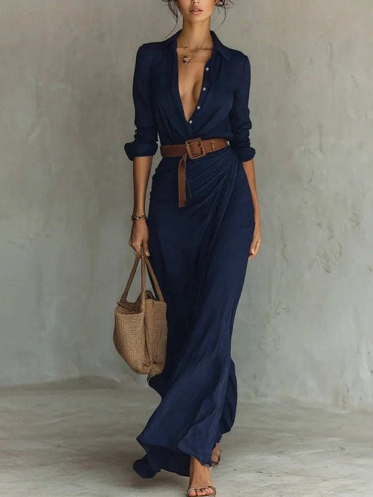 Kiara - Long Sleeve Lapel Collar Maxi Dress