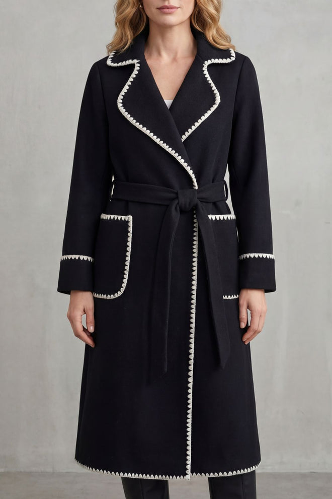 Women's Longline Belted Coat with Contrast Trim – Esme