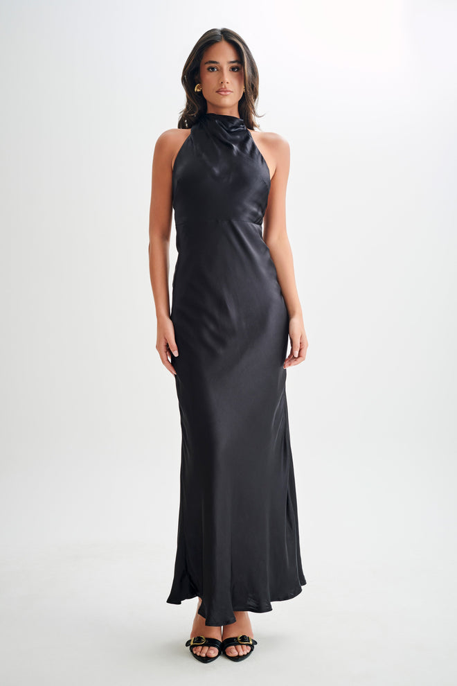 Aisha™ – Satin maxi dress with waterfall neckline