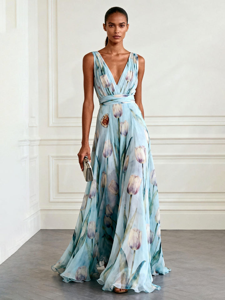 Nerea - Elegant Tulip Print V-neck Maxi Dress