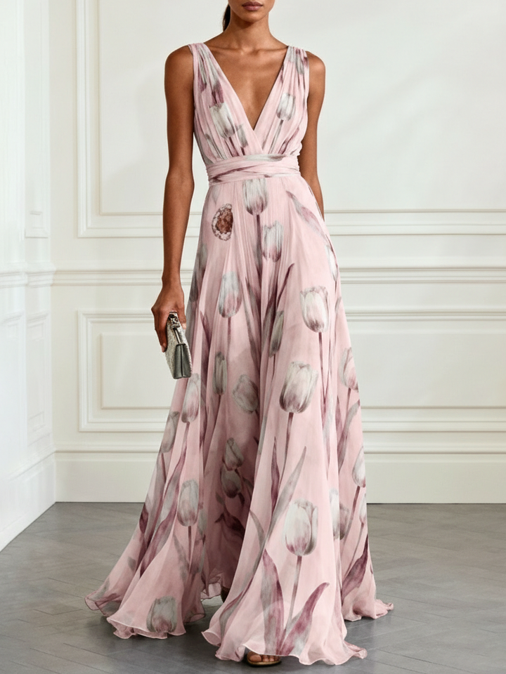 Nerea - Elegant Tulip Print V-neck Maxi Dress