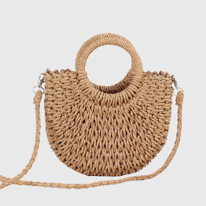 Vintage Coin Buckle Handbag: Woven Cotton Rope with Round Rattan Handle and Diamond Hollow Pattern