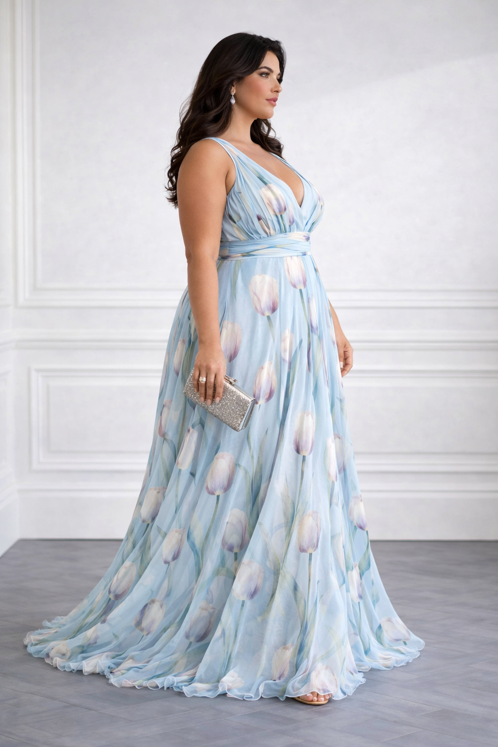 Nerea - Elegant Tulip Print V-neck Maxi Dress