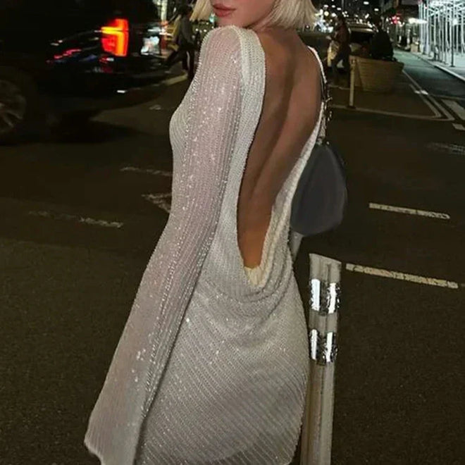 Zerynna™ | Backless shimmering long-sleeved mini dress
