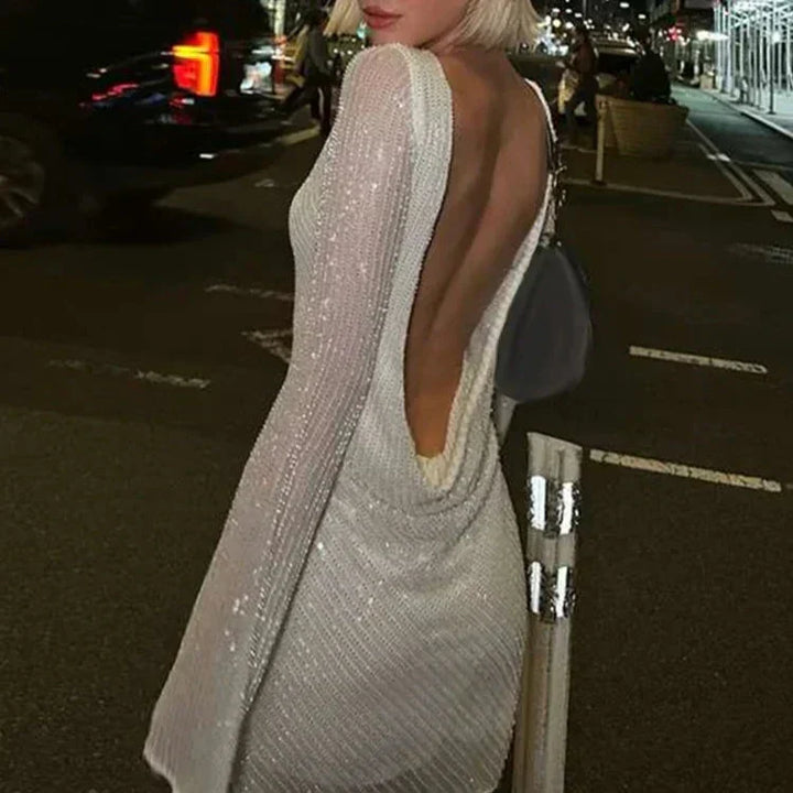 Zerynna™ | Backless shimmering long-sleeved mini dress