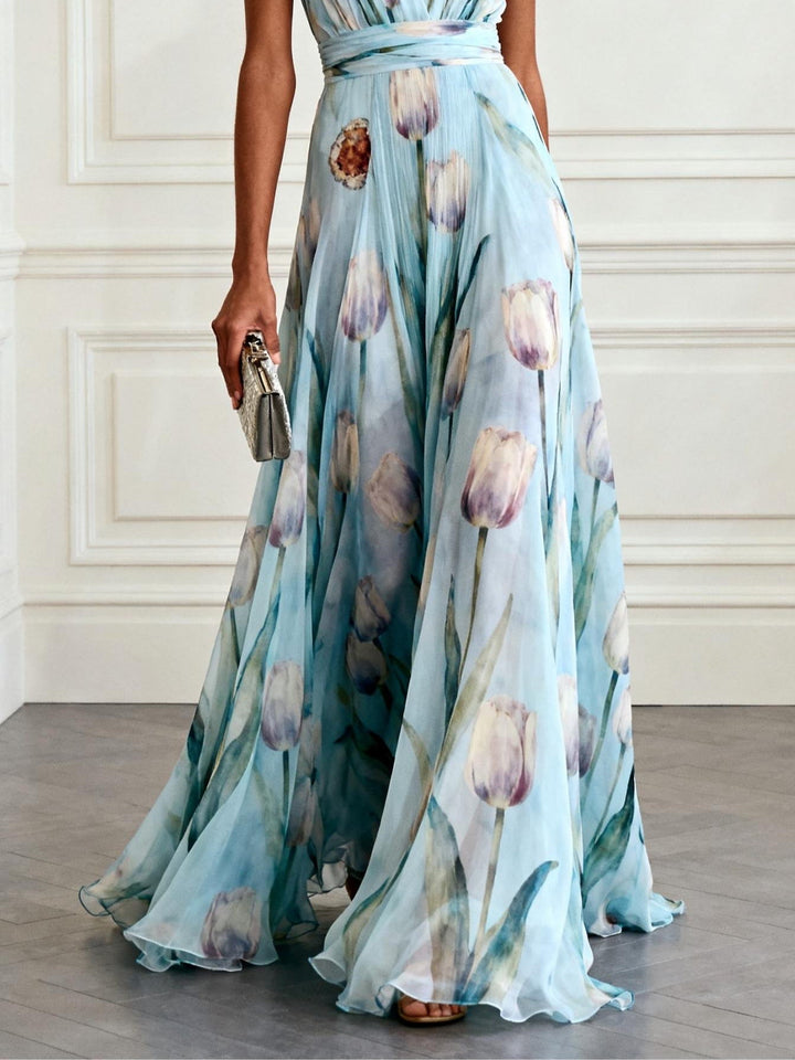 Nerea - Elegant Tulip Print V-neck Maxi Dress