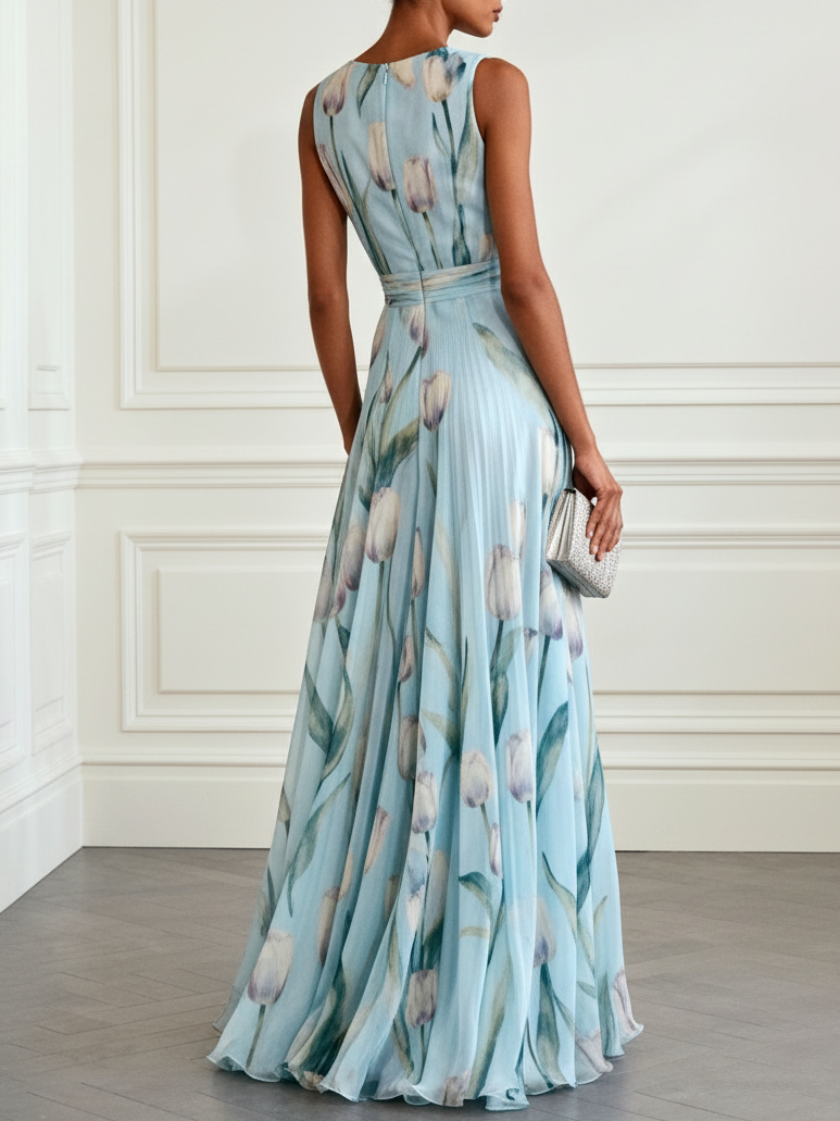 Nerea - Elegant Tulip Print V-neck Maxi Dress