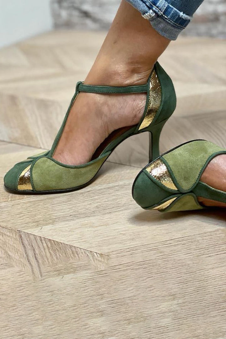 Carley™ - Patchwork T-strap heels