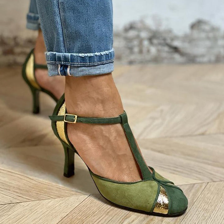 Carley™ - Patchwork T-strap heels
