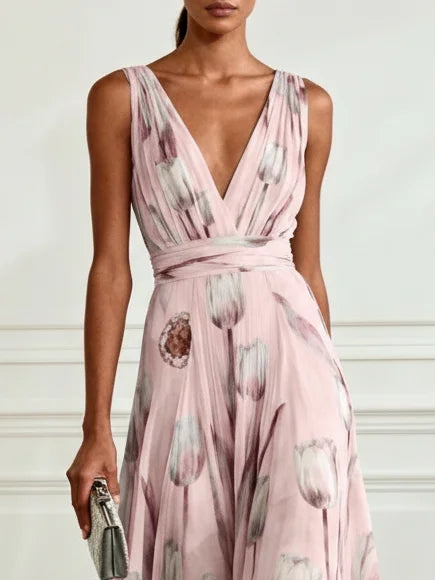 Nerea - Elegant Tulip Print V-neck Maxi Dress