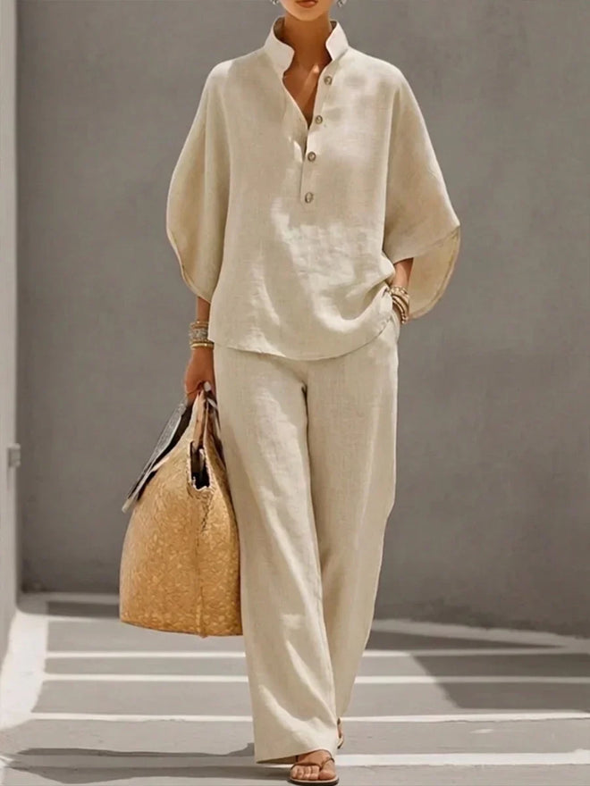 Maribel™ | Linen Set with Batwing Sleeves and Wide-Leg Pants