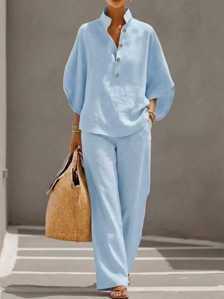 Maribel™ | Linen Set with Batwing Sleeves and Wide-Leg Pants